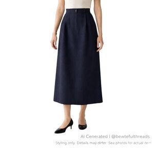 Navy Wool Midi Skirt High Waist Pleated Minimalist XS 2–4